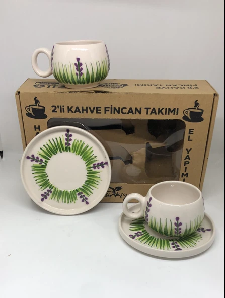 Mor Yeşil Desenli El Yapımı 2'li Seramik Kahve Fincan Takımı - Resim 2