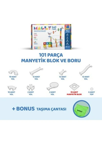 Magly Ball Run Parkur Oyunu , Renkli 3 Boyutlu 101 Parça Yapı Seti - Manyetikler ve Borular ve Toplar - Resim 3