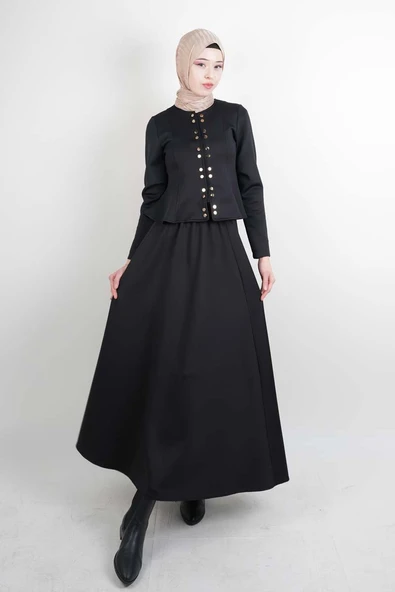 Tesettür Takım Çift Zımbalı Bel Oturtmalı Scuba Etekli Takım Siyah ürün görseli 1