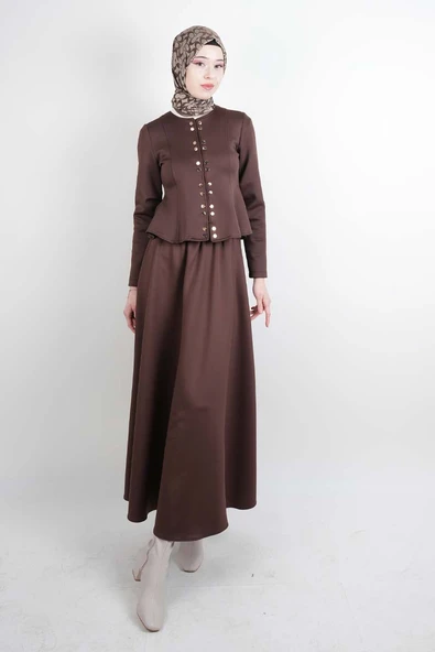 Tesettür Takım Çift Zımbalı Bel Oturtmalı Scuba Etekli Takım Kahverengi ürün görseli 1