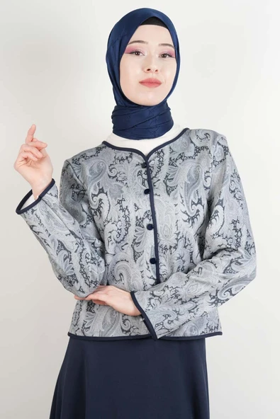 Tesettür Takım Üst Ceket Desenli Scuba Etekli İkili Takım Lacivert - Resim 4