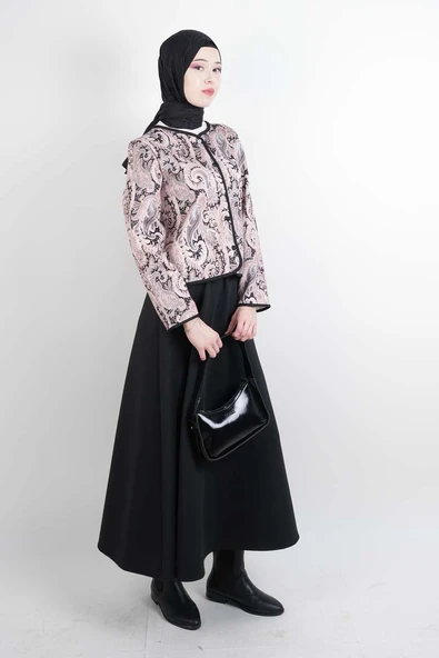 Tesettür Takım Üst Ceket Desenli Scuba Etekli İkili Takım Siyah - Resim 2
