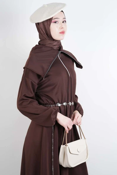 Tesettür Elbise Geniş Fermuar Yakalı Bel Lastikli Scuba Elbise Kahverengi - Resim 2