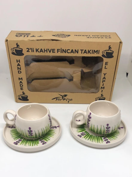 Mor Yeşil Desenli El Yapımı 2'li Seramik Kahve Fincan Takımı ürün görseli 1