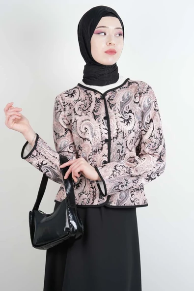 Tesettür Takım Üst Ceket Desenli Scuba Etekli İkili Takım Siyah - Resim 4