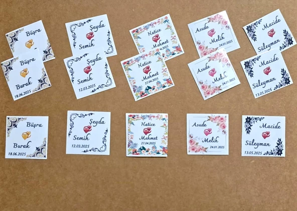 Pratikbox Düğün/Nişan/Hediyesi /Kişiye Özel 3,80x3,80cm /Parlak Kuşe Yapışkanlı Stikers/Etiket/Kare /70 Adet - Resim 2
