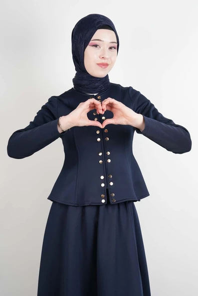 Tesettür Takım Çift Zımbalı Bel Oturtmalı Scuba Etekli Takım Lacivert - Resim 3