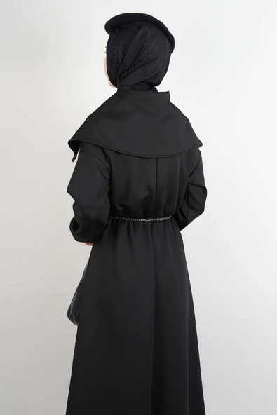 Tesettür Elbise Geniş Fermuar Yakalı Bel Lastikli Scuba Elbise Siyah - Resim 3