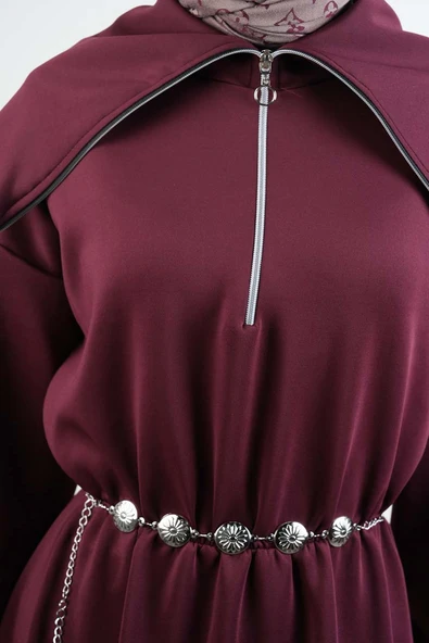 Tesettür Elbise Geniş Fermuar Yakalı Bel Lastikli Scuba Elbise Bordo - Resim 5