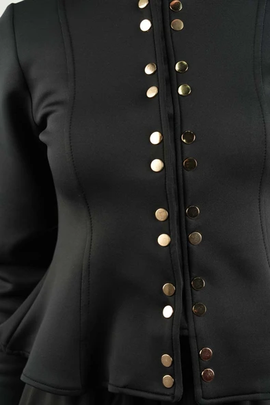 Tesettür Takım Çift Zımbalı Bel Oturtmalı Scuba Etekli Takım Siyah - Resim 5