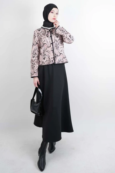 Tesettür Takım Üst Ceket Desenli Scuba Etekli İkili Takım Siyah ürün görseli 1