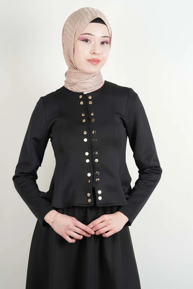 Tesettür Takım Çift Zımbalı Bel Oturtmalı Scuba Etekli Takım Siyah - Resim 3