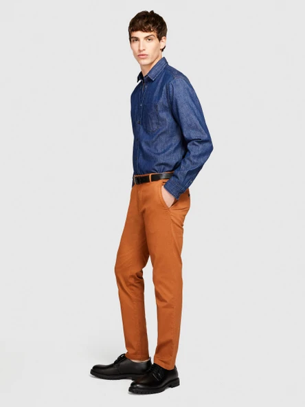 Sisley   Slim Fit Vintage Efekt Chino Pantolon Erkek Kahverengi T-Shirt - 323A4DM6SF02Y - Resim 5
