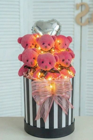 Premium Silindir Hediye Kutusunda, Kalp Balonlu LED Işıklı 6’lı Fuşya Ayıcık Buketi, Sevdiğini Hediye - Resim 4