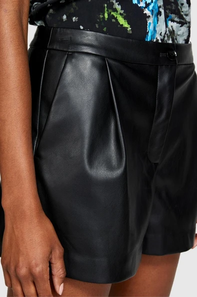 Sisley   Suni Deri Önü Pileli Regular Fit Deri Şort Kadın Siyah Şort - 323A4X9WL900W - Resim 9
