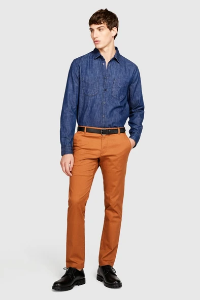 Sisley   Slim Fit Vintage Efekt Chino Pantolon Erkek Kahverengi T-Shirt - 323A4DM6SF02Y - Resim 11