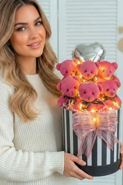 Premium Silindir Hediye Kutusunda, Kalp Balonlu LED Işıklı 6’lı Fuşya Ayıcık Buketi, Sevdiğini Hediye ürün görseli 1