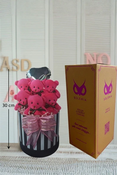 Premium Silindir Hediye Kutusunda, Kalpli Balonlu 6’lı Fuşya Ayıcık Buketi - Resim 3