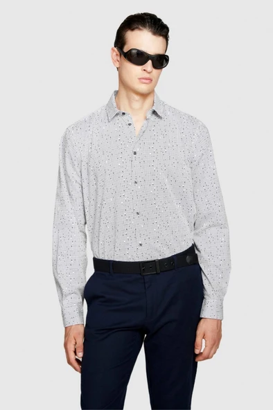 %100 Koton Desenli Poplin Gömlek Erkek Gri Gömlek - 323A597RSQ02S - Resim 8