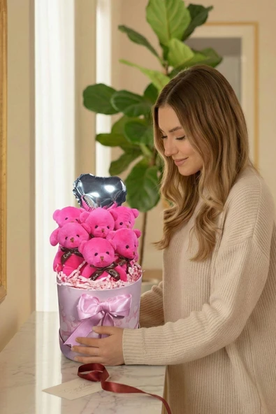 Premium Silindir Kalpli Pembe Kutusunda, Kalpli Balonlu  6’lı Fuşya Ayıcık Buketi, Sevdiğine Hediye - Resim 3