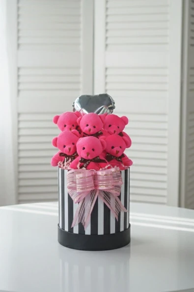 Premium Silindir Hediye Kutusunda, Kalpli Balonlu 6’lı Fuşya Ayıcık Buketi - Resim 4