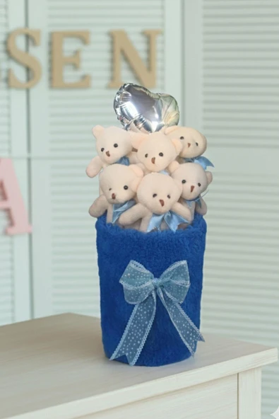 Deluxe Lacivert Peluş Silindir Kutuda, Kalpli Balonlu 6’lı Lacivert Ayıcık Buketi - Sevdiğine Hediye - Resim 3