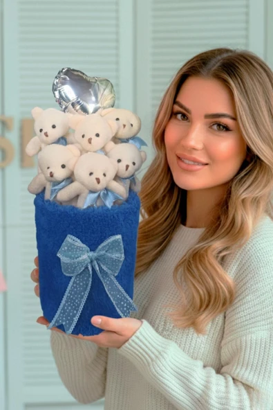 Deluxe Lacivert Peluş Silindir Kutuda, Kalpli Balonlu 6’lı Lacivert Ayıcık Buketi - Sevdiğine Hediye ürün görseli 1