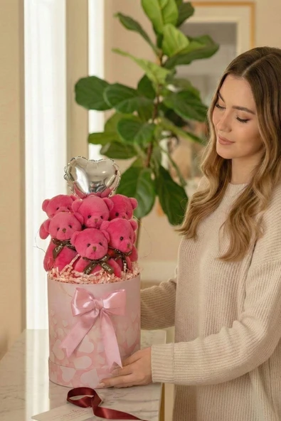 Premium Silindir Kalpli Pembe Kutusunda, Kalpli Balonlu  6’lı Fuşya Ayıcık Buketi, Sevdiğine Hediye - Resim 2
