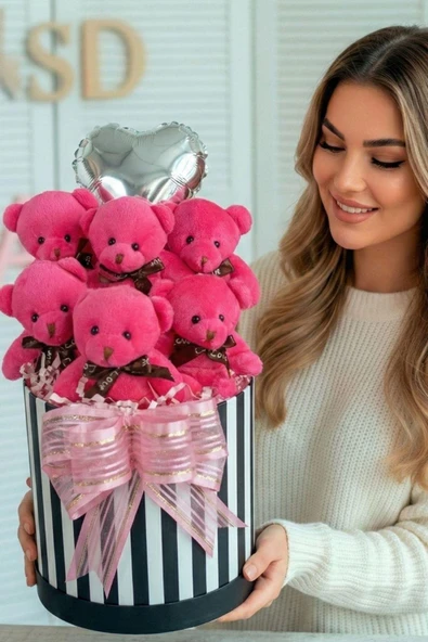 Premium Silindir Hediye Kutusunda, Kalpli Balonlu 6’lı Fuşya Ayıcık Buketi - Resim 2