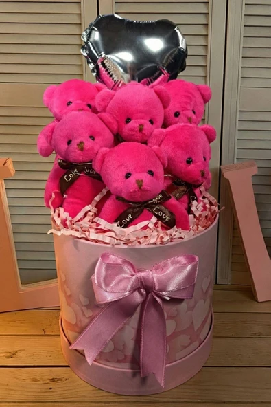 Premium Silindir Kalpli Pembe Kutusunda, Kalpli Balonlu  6’lı Fuşya Ayıcık Buketi, Sevdiğine Hediye - Resim 4