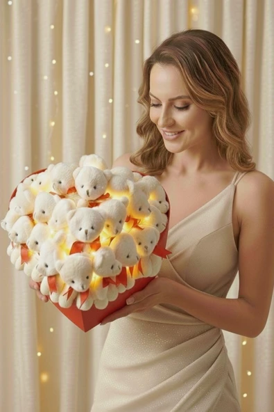 Aşka Özel Elit Seri: Kalp Tasarım Kutusunda, LED Işıklı 32'li Işıltılı Aşk Tılsımı Özel Seri Beyaz Peluş Ayıcık Buketi - Resim 3