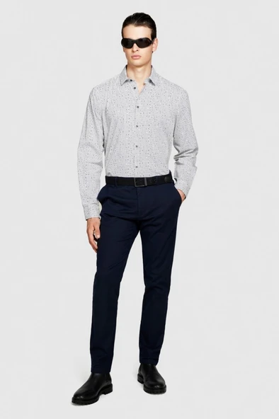 %100 Koton Desenli Poplin Gömlek Erkek Gri Gömlek - 323A597RSQ02S - Resim 11