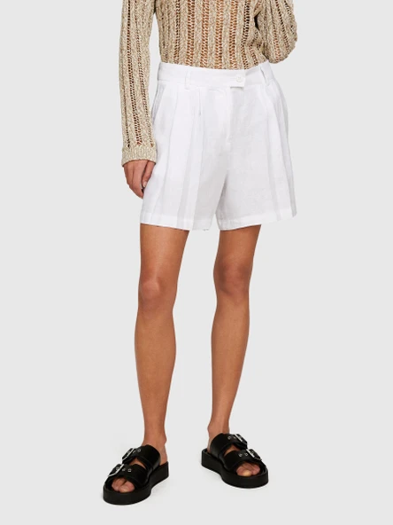 Sisley   %100 Keten Önü Çift Pileli Şort Kadın Beyaz Şort - 324P4AGHL9013 - Resim 4