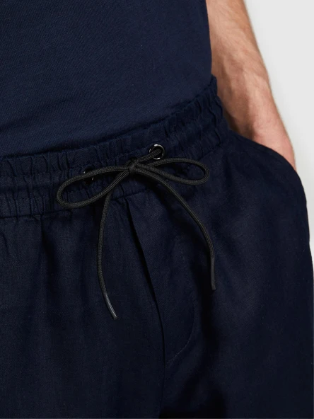 %100 Keten Beli Büzgülü İpli Slim Confort Fit Pantolon Erkek Lacivert Pantolon - 324P4AGHSF043 - Resim 4