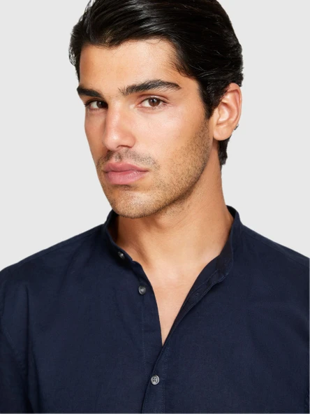 Keten Pamuk Karışımlı Hakim Yaka Regular Fit Gömlek Erkek Lacivert Gömlek - 324P59A2SQ03J ürün görseli 1