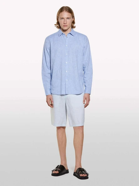 %100 Keten Slim Fit Bermuda Şort Erkek Mavi Şort - 325P4AGHS9010 ürün görseli 1