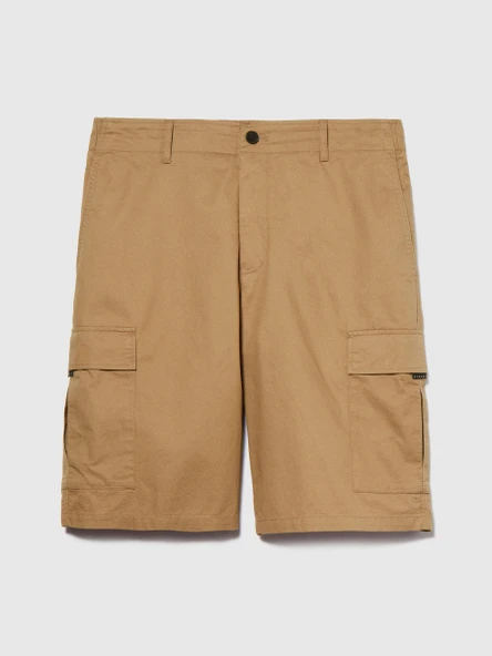 %100 Pamuk Yama Cepli Kemer Delikli Kargo Bermuda Şort Erkek Kahverengi Şort - 324P4IUKS9015 - Resim 4