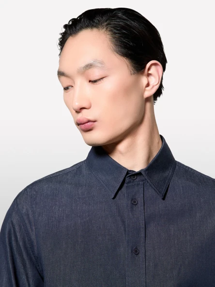 %100 Pamuk Klasik Yaka Relax Fit Gömlek Erkek Buz mavisi Gömlek - 325P5UTXSQ04H - Resim 6