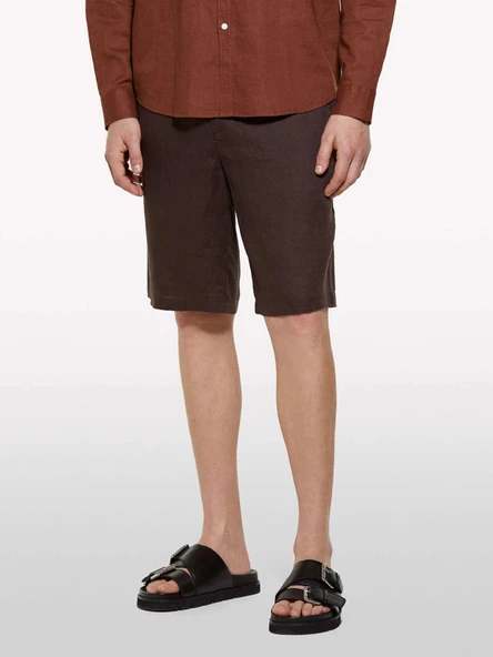 Sisley   %100 Keten Slim Fit Bermuda Şort Erkek Kahverengi Şort - 325P4AGHS9010 - Resim 4