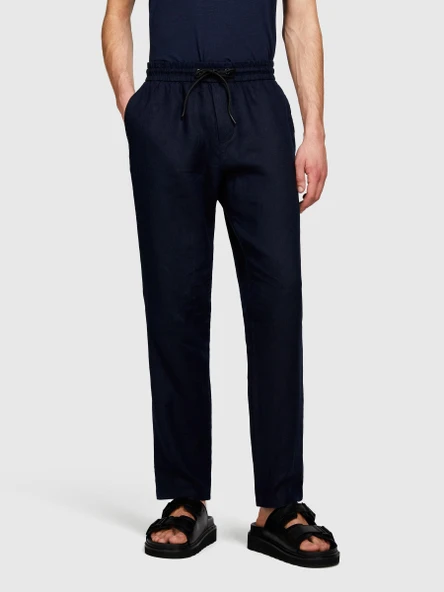 %100 Keten Beli Büzgülü İpli Slim Confort Fit Pantolon Erkek Lacivert Pantolon - 324P4AGHSF043 - Resim 3