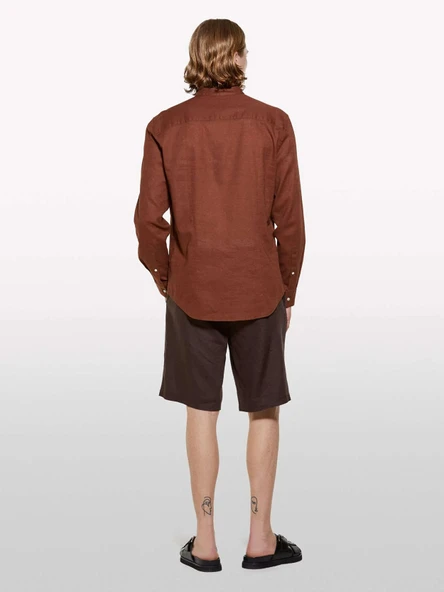 Sisley   %100 Keten Slim Fit Bermuda Şort Erkek Kahverengi Şort - 325P4AGHS9010 - Resim 3