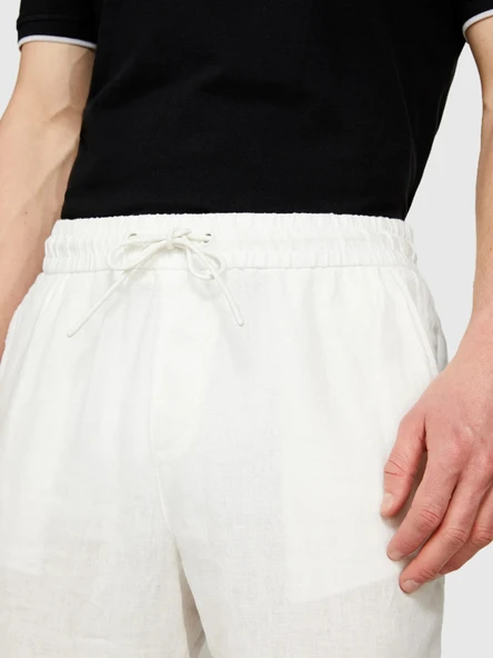 %100 Keten Beli Büzgülü İpli Slim Fit Pantolon Erkek Kırık Beyaz Pantolon - 325P4AGHSF043 - Resim 5