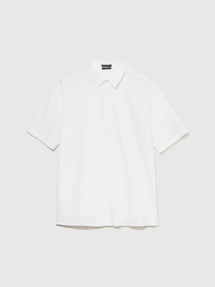 Keten Pamuk Karışımlı Pileli Regular Fit Kısa Kollu Gömlek Erkek Beyaz Gömlek - 324P59A2SQ03K - Resim 3