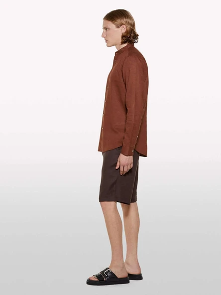 Sisley   %100 Keten Slim Fit Bermuda Şort Erkek Kahverengi Şort - 325P4AGHS9010 - Resim 2