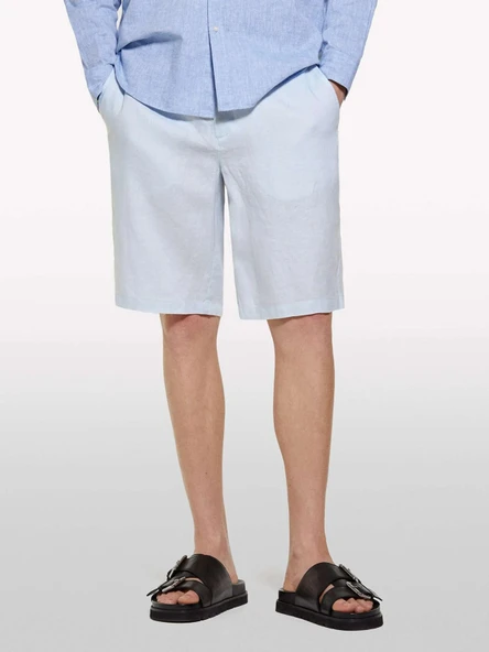 %100 Keten Slim Fit Bermuda Şort Erkek Mavi Şort - 325P4AGHS9010 - Resim 4