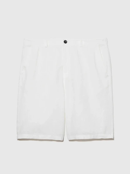 Sisley   %100 Keten Slim Fit Bermuda Şort Erkek Beyaz Şort - 325P4AGHS9010 - Resim 6