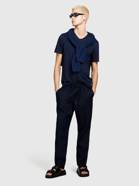 %100 Keten Beli Büzgülü İpli Slim Confort Fit Pantolon Erkek Lacivert Pantolon - 324P4AGHSF043 ürün görseli 1