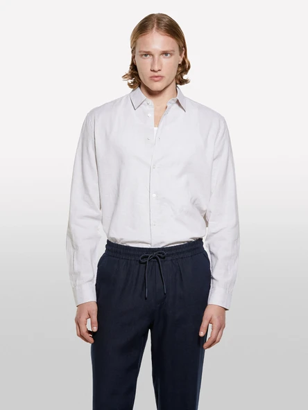 Sisley   Keten Karışımlı Çizgili Regular Fit Gömlek Erkek Kahve Gömlek - 325P51FCSQ03G - Resim 4