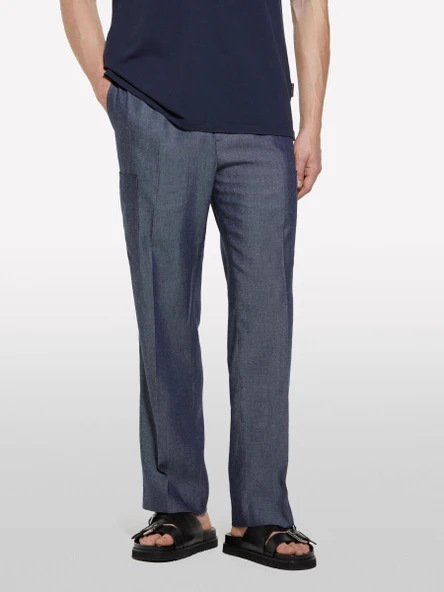 Sisley   Keten Karışımlı Büzgü İpli Cepli Jogger Pantolon Erkek Mavi Pantolon - 325P4NZVSF05A - Resim 4