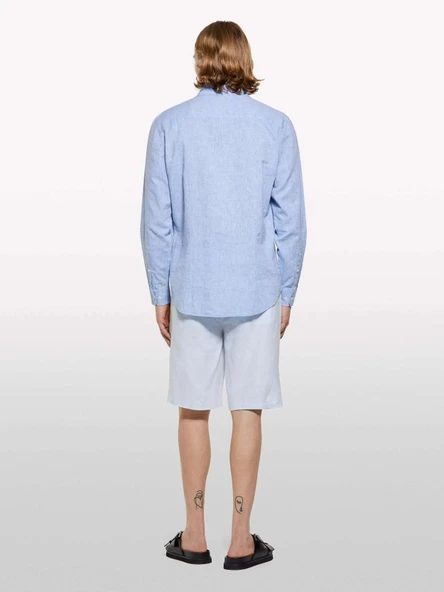 %100 Keten Slim Fit Bermuda Şort Erkek Mavi Şort - 325P4AGHS9010 - Resim 3